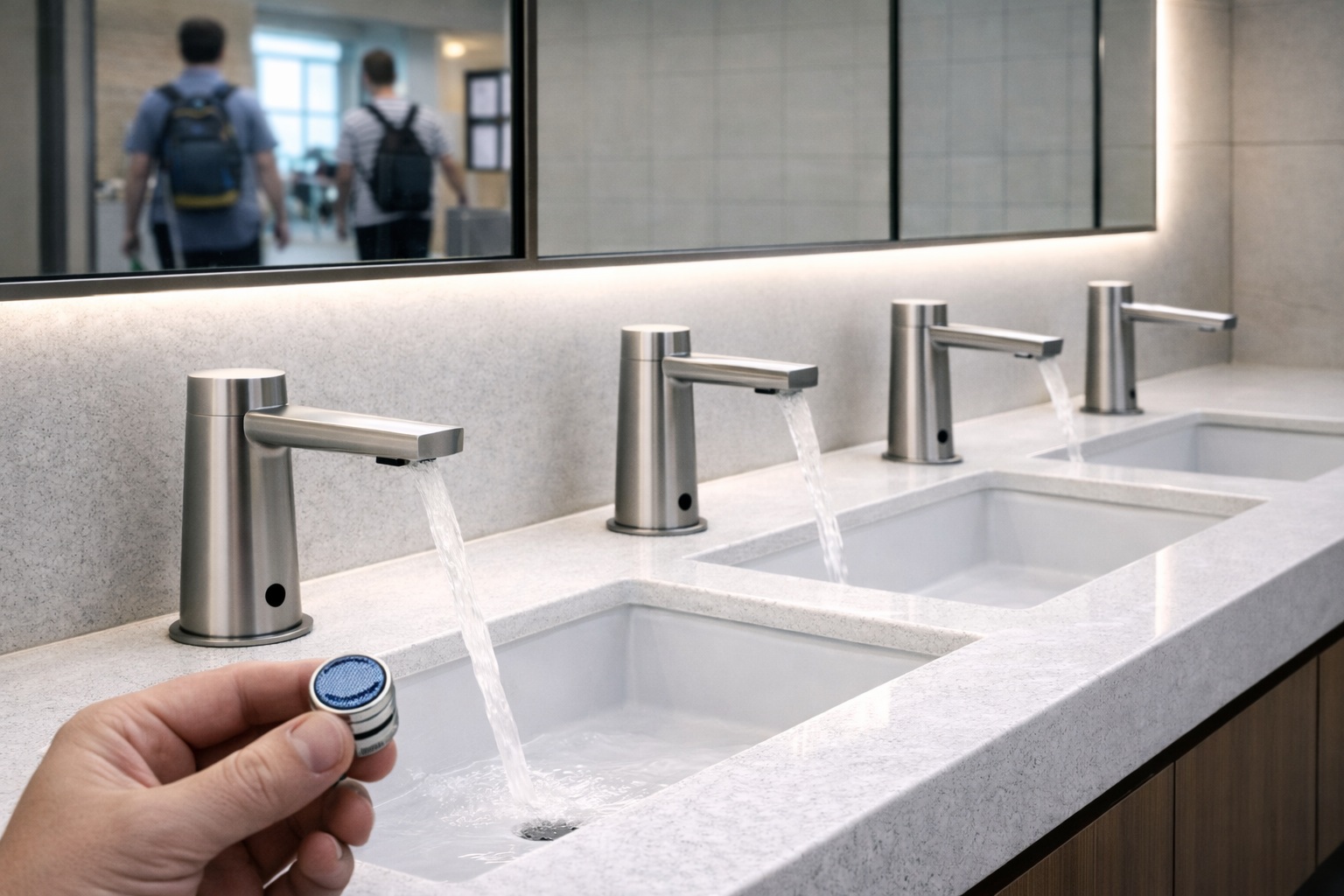 Modern restroom faucet with aerator access for maintenance